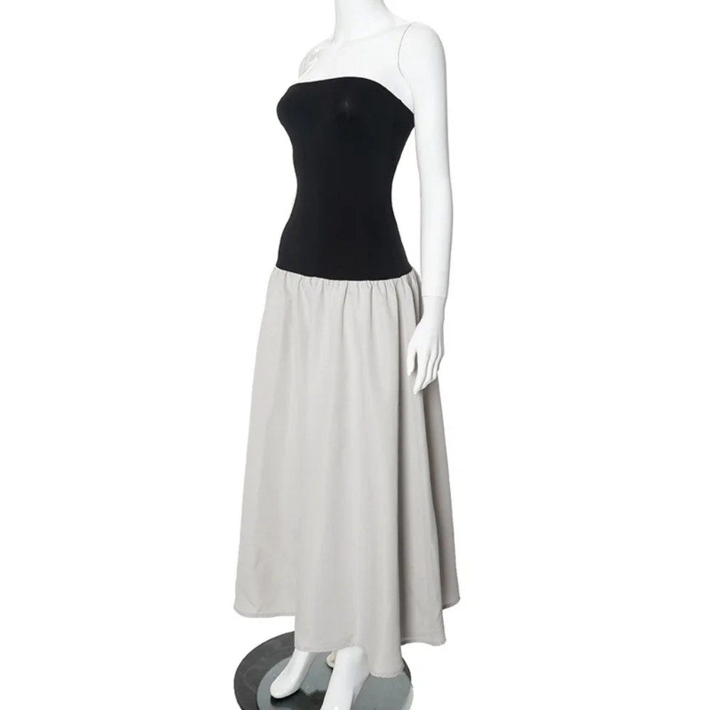 Strapless Color Blocking Drop Waist Midi Dress